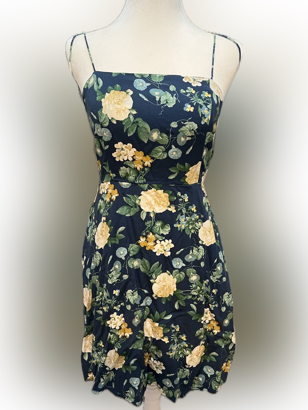 Old Navy Navy Midi Dress with Yellow Floral Print